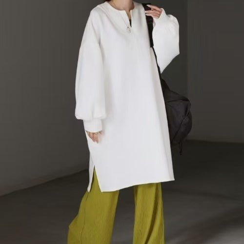 Sweat Tunique Oversize en Coton | Haut Pull Col en V Manches Longues (MS210)