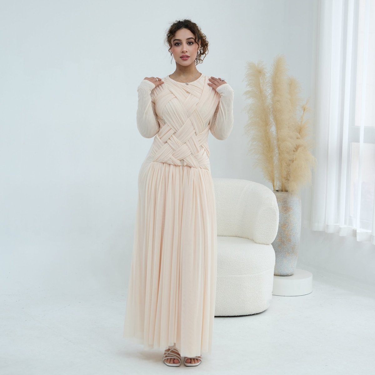 Robe longue en tulle avec bustier tressé à brides croisées (MS454)