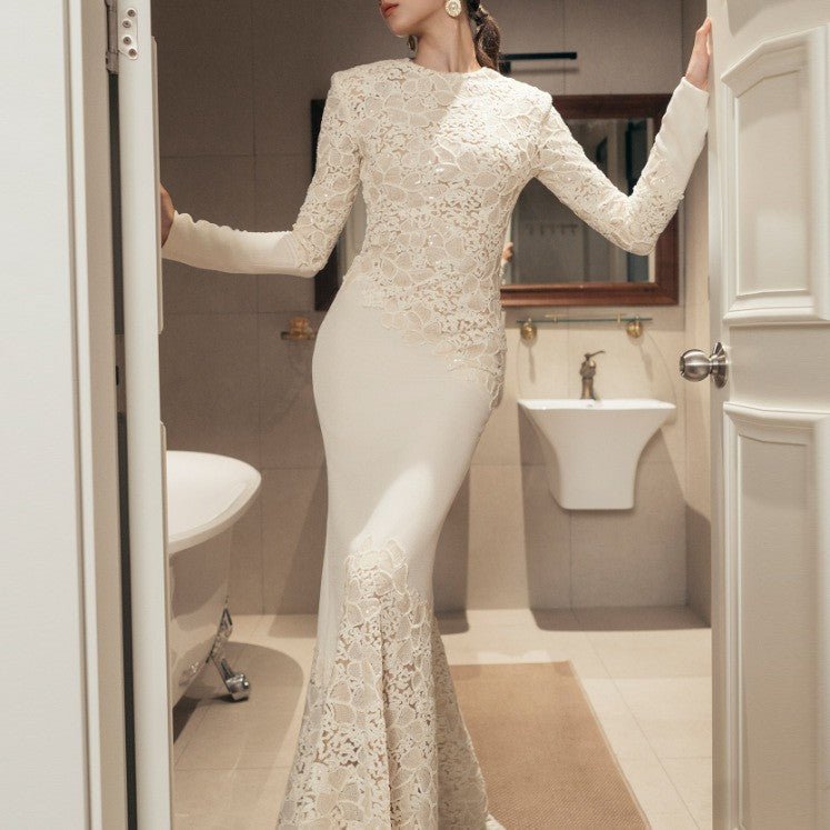 Robe Sirène Brodée en Dentelle | Robe Longue Fishtail Vintage et Élégante (MS215)
