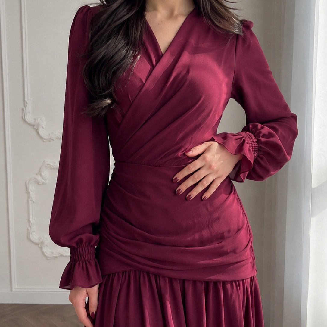 Robe longue encolure V Ruché à la taille Froncée(MS505)
