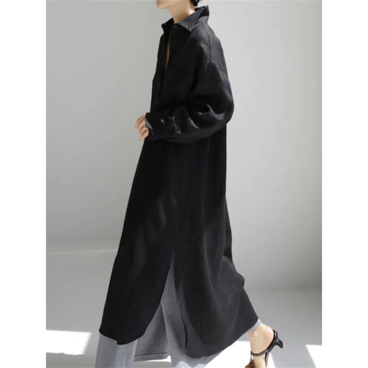 Robe-chemise décontractée et élégante en lin mélangé pour musulmanes | Maxi robe modeste boutonnée devant avec fentes latérales (MS096)