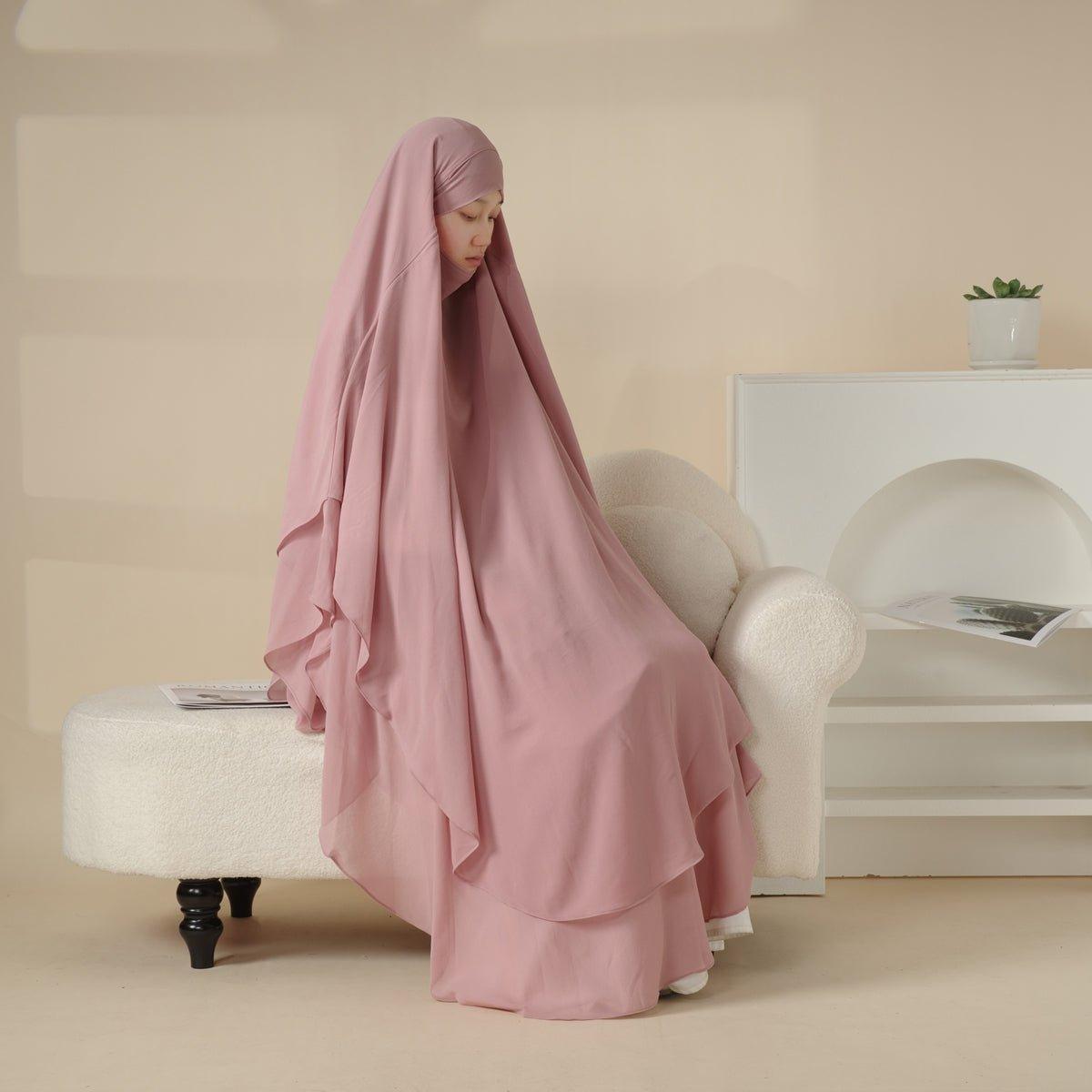 MK018 Khimar Long en Mousseline à Double Couches, Devant et Dos