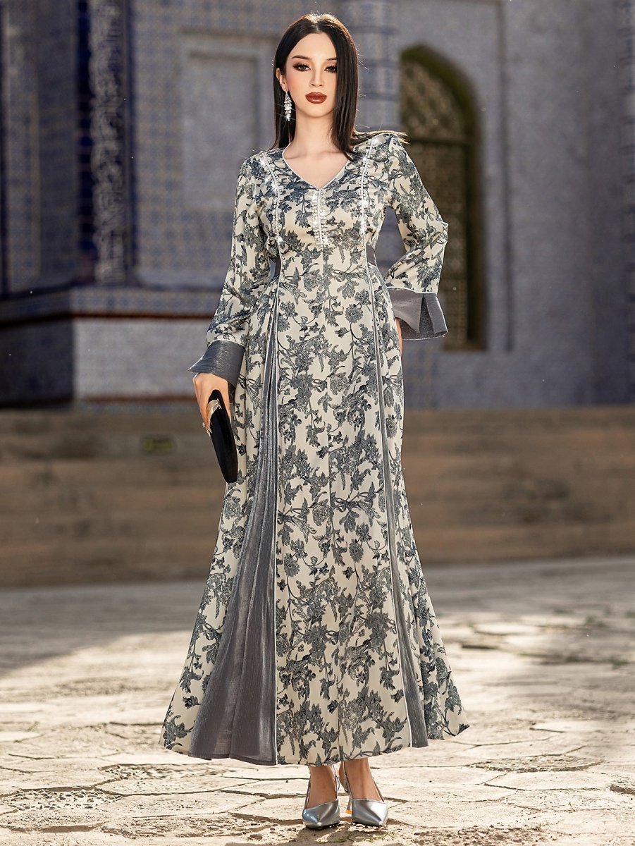 Robe Maxi élégante à col en V, en satin, avec fleurs brodées à la main de perles et de cristaux, manches longues, avec Abaya grise (MA192)