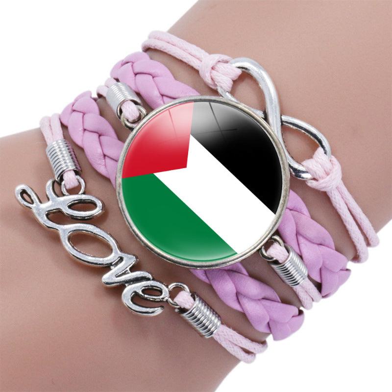 Bracelet multicouche motif keffieh drapeau palestinien avec pierres fines "time", "love" & ∞ (MAC080)