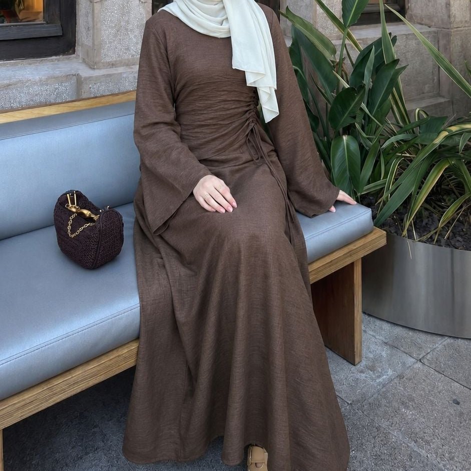Robe Maxi à Taille Coulissante Froncée et Manches Évasées(MS492)