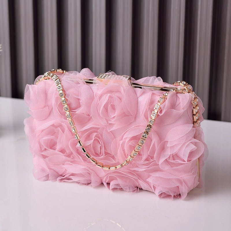 Sac de soirée en mousseline rose | Pochette florale avec chaîne en cristal (MAC355)