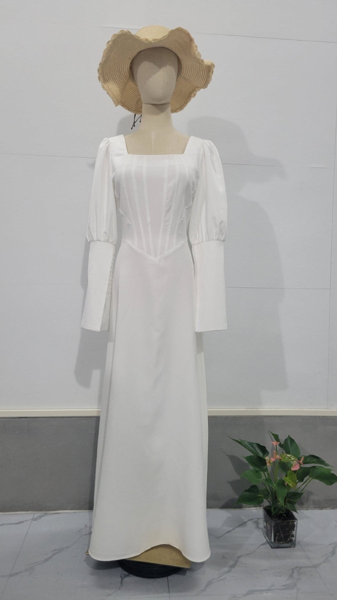 Élégante robe abaya modeste à col carré, manches longues bouffantes, blanche (MA228)