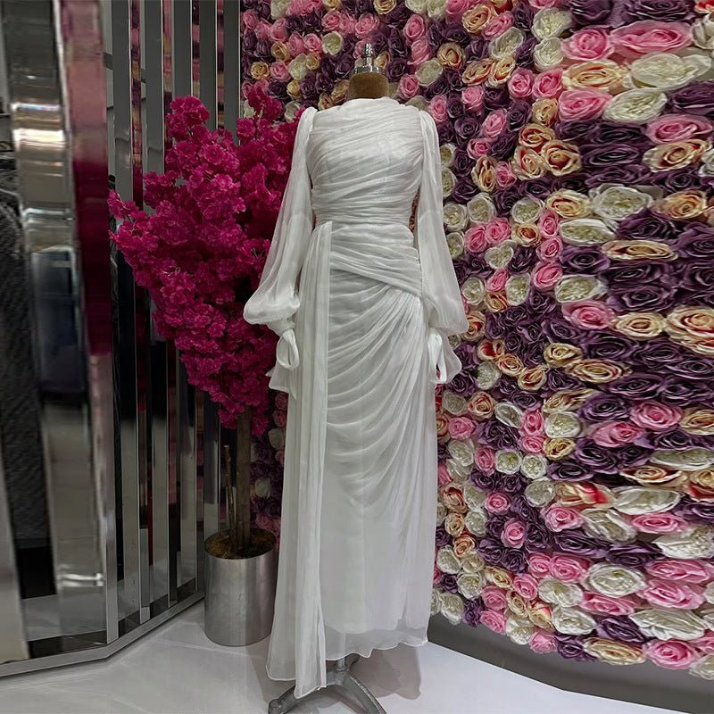 Robe de Soirée Froncée | Robe Maxi Moulante à Manches Bouffantes (MS280)
