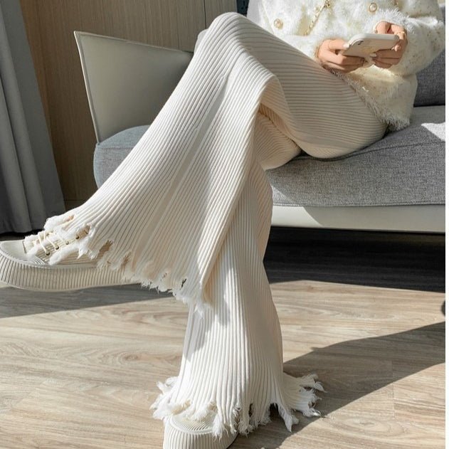 Pantalon large en maille côtelée effet effiloché | Pantalon évasé taille haute à cordon de serrage (MS164)