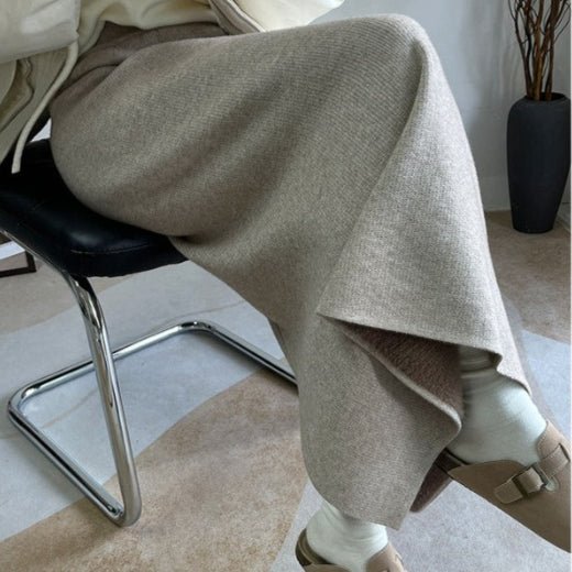 Jupe midi polaire hiver | Jupe en maille chaude taille haute avec fente latérale (MS207)