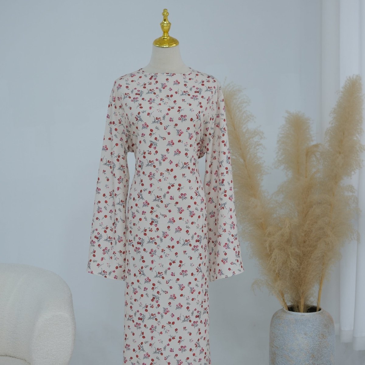 Robe Maxi à Manches Évasées et Motif Floral (MS490)