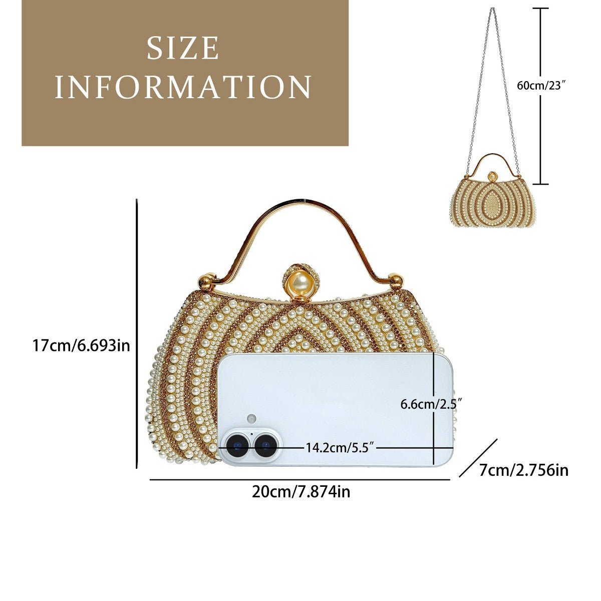 Sac de soirée orné de perles et de strass, monture dorée, avec bandoulière chaîne (MAC249)