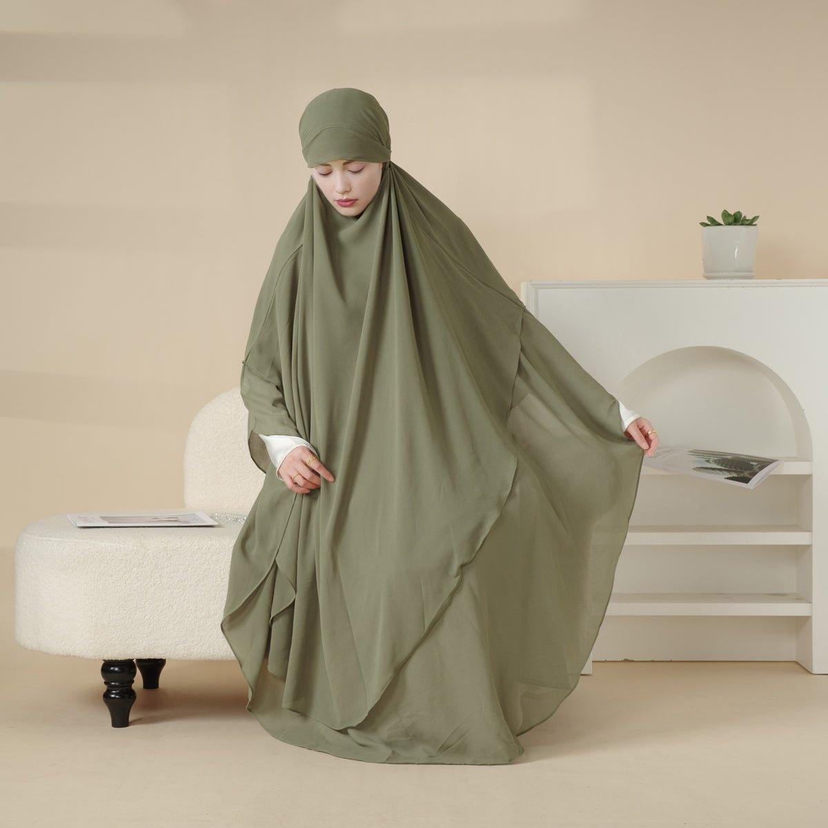 MK018 Khimar Long en Mousseline à Double Couches, Devant et Dos