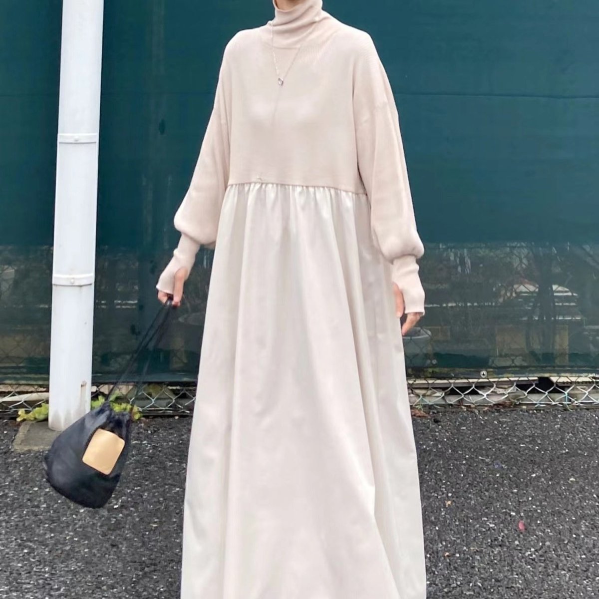 Robe Maxi à Col Roulé Oversize | Robe Pull à Manches Bouffantes (MS180)