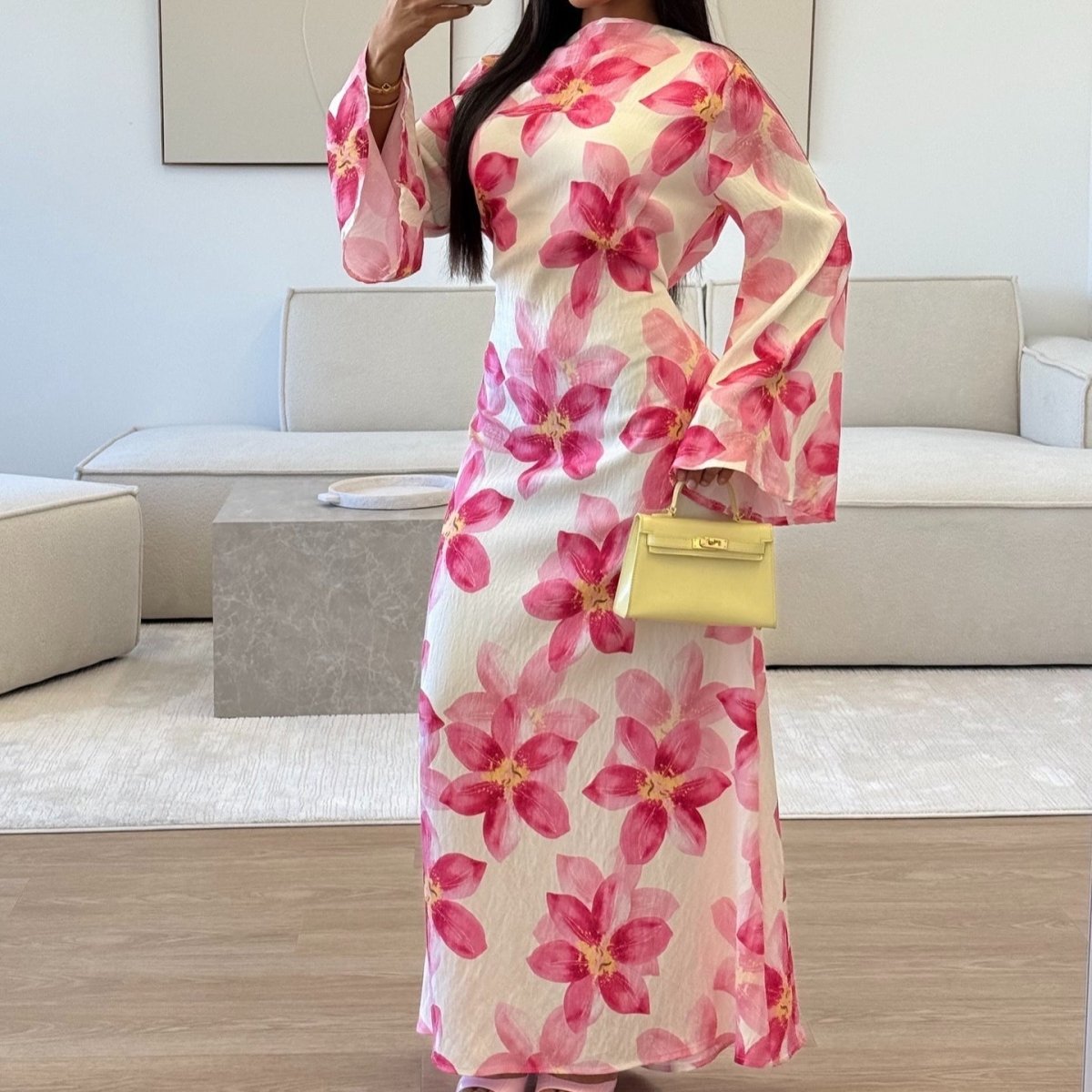Robe Maxi Froissée Délavée à Imprimé Floral (MS437)