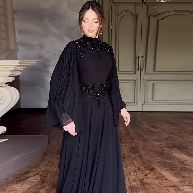Robe de soirée en dentelle perlée | Robe longue à manches plissées avec appliques de cristaux (MA346)