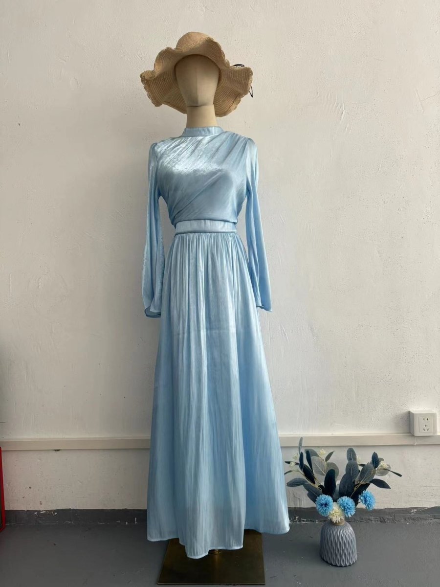 Robe Abaya élégante à col cheminée, taille plissée et manches évasées, tenue idéale pour invitée de mariage (MA199)