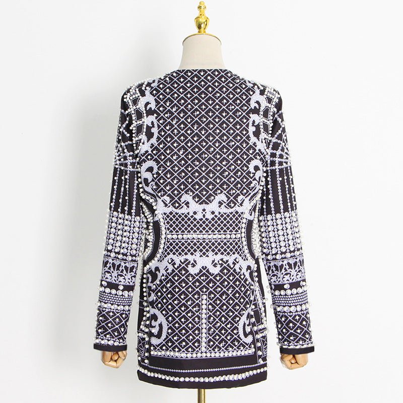 Blazer Vintage Orné de Perles et Perles de Rocaille | Veste de Luxe à Imprimé Géométrique (MS218)