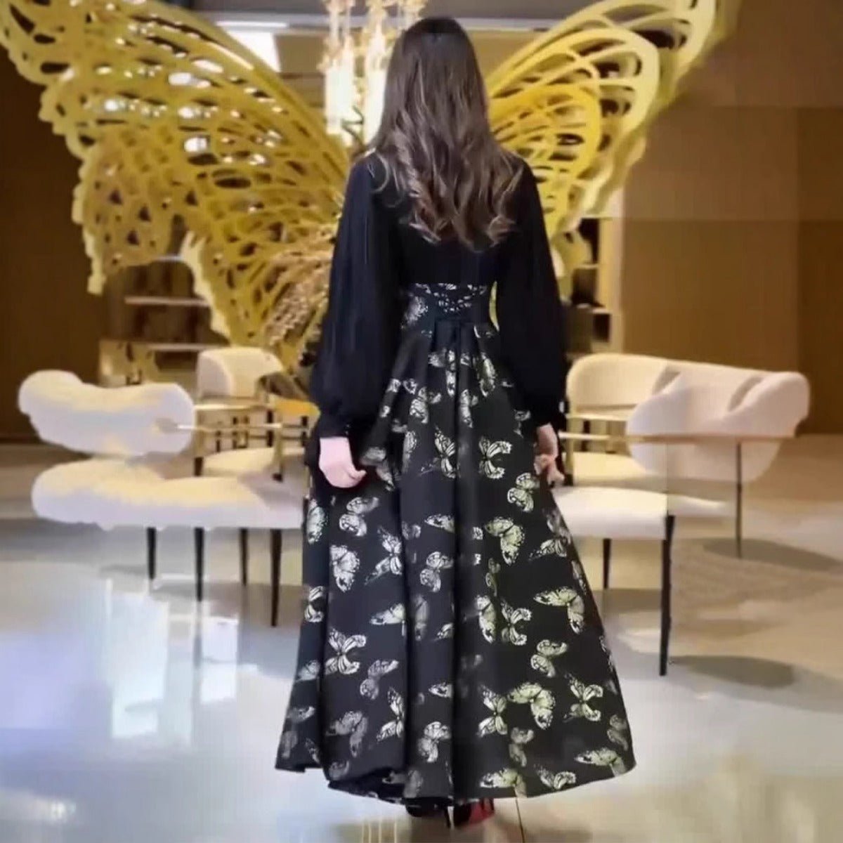 Robe Maxi Élégante à Manches Longues, Abaya à Motif Papillon / Robe Longue (MA219)