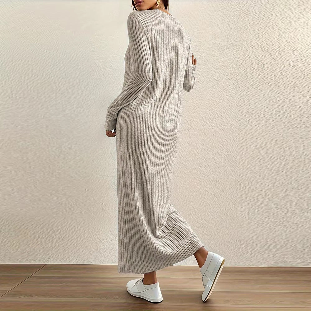 Robe Maxi en Tricot Côtelé | Robe Pull Décontractée à Manches Longues (MS226)