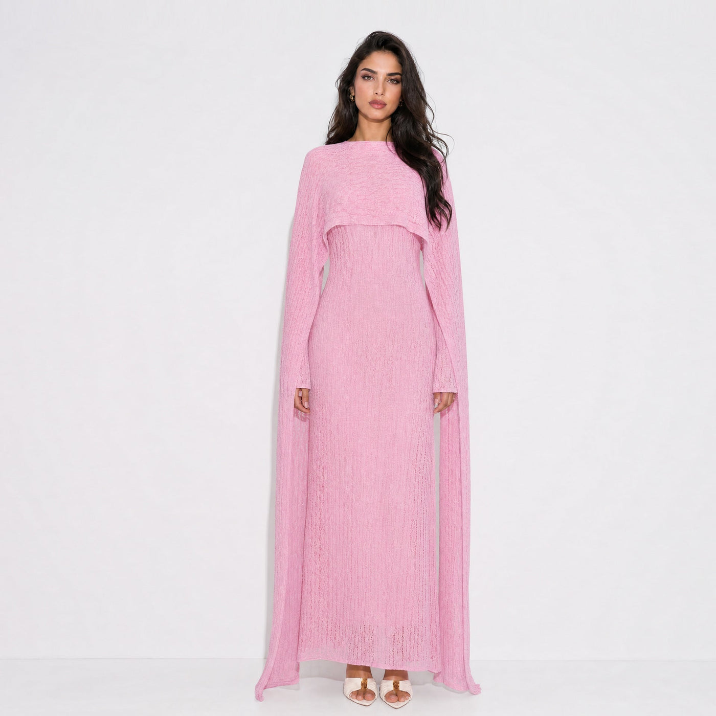 Robe Maxi Doublée à Manches Cape et Dentelle Florale Texturée (MS519)