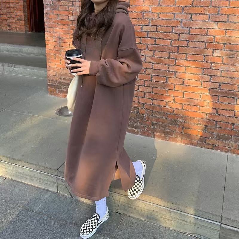 Robe Maxi Pull à Capuche Confort | Robe Mi-Longue Doublée en Polaire avec Fentes Latérales (MS137)