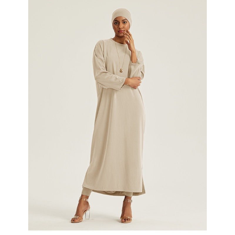 Robe Maxi à Épaules Tombantes et Col Rond - Abaya Modeste Unie avec Fentes Latérales (MA309)