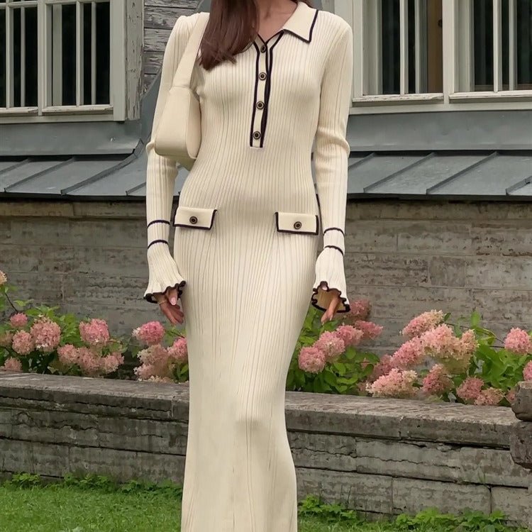 Robe Pull Midi en Maille avec Finitions Volantées de Luxe Française | Robe Pull Midi à Col (MS199)