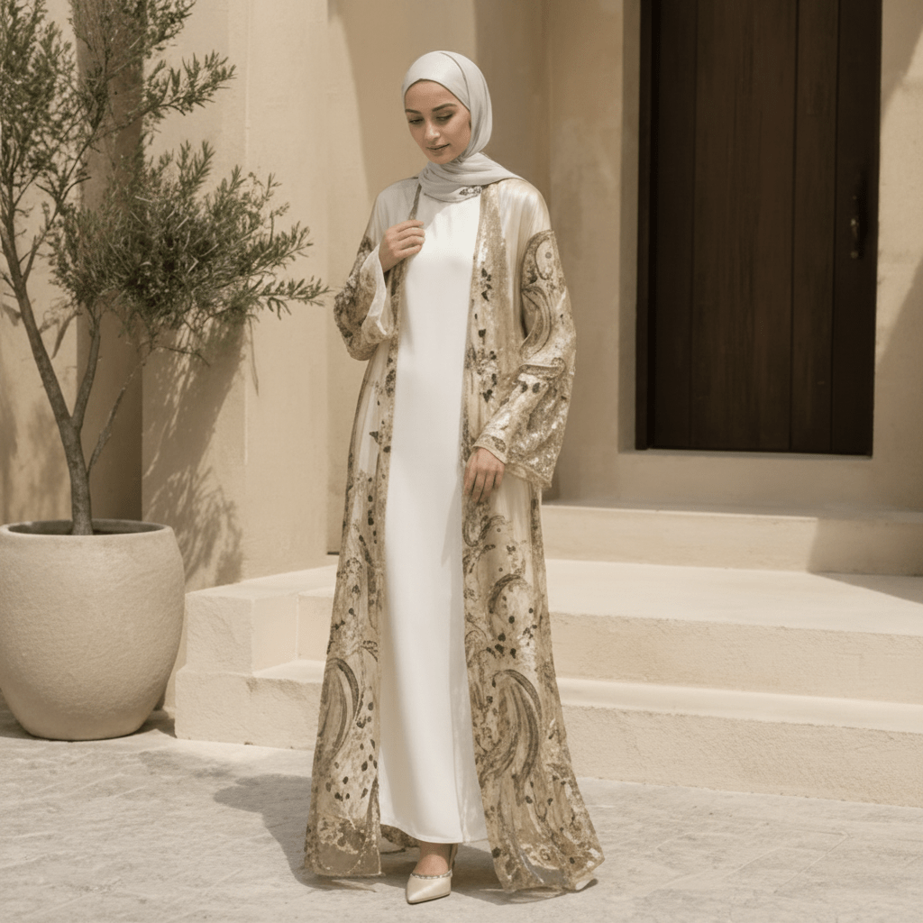 Abaya Ouverte de Luxe Ornée de Perles et de Paillettes Brodées pour Eid & Mariage (MOA305)