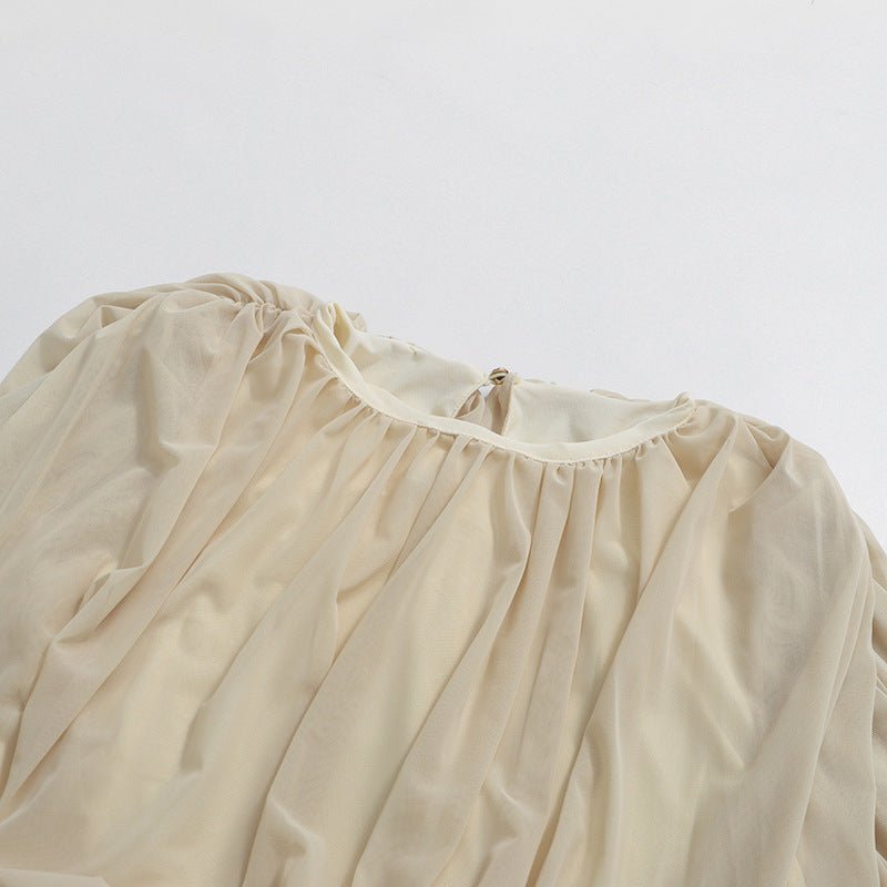 Robe longue col rond, bustier drapé et manches lanterne (MS402)