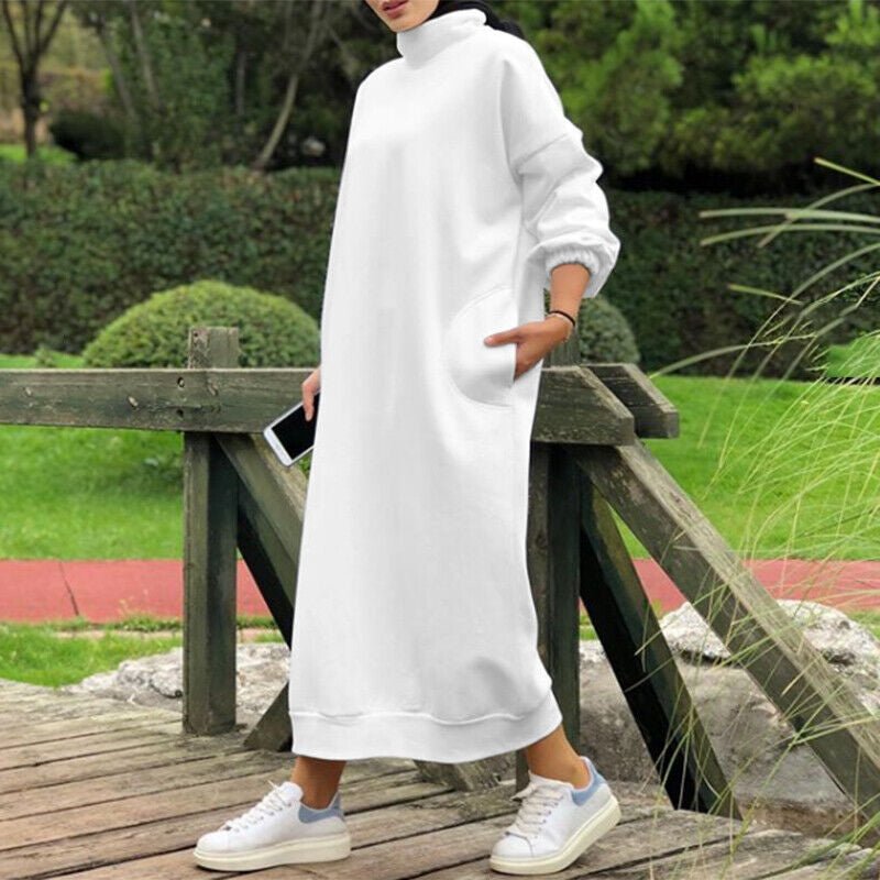 Robe Maxi Col Roulé Doublée Automne Hiver | Robe Sweat Décontractée avec Poignets Élastiqués (MS138)