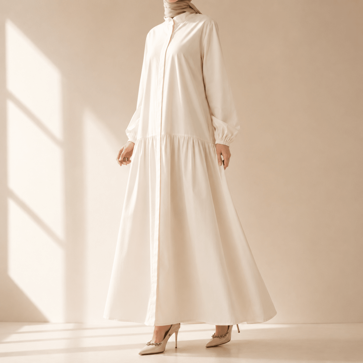 Robe Abaya Maxi Trench Cintrée en Ligne A avec Poches (MA422)