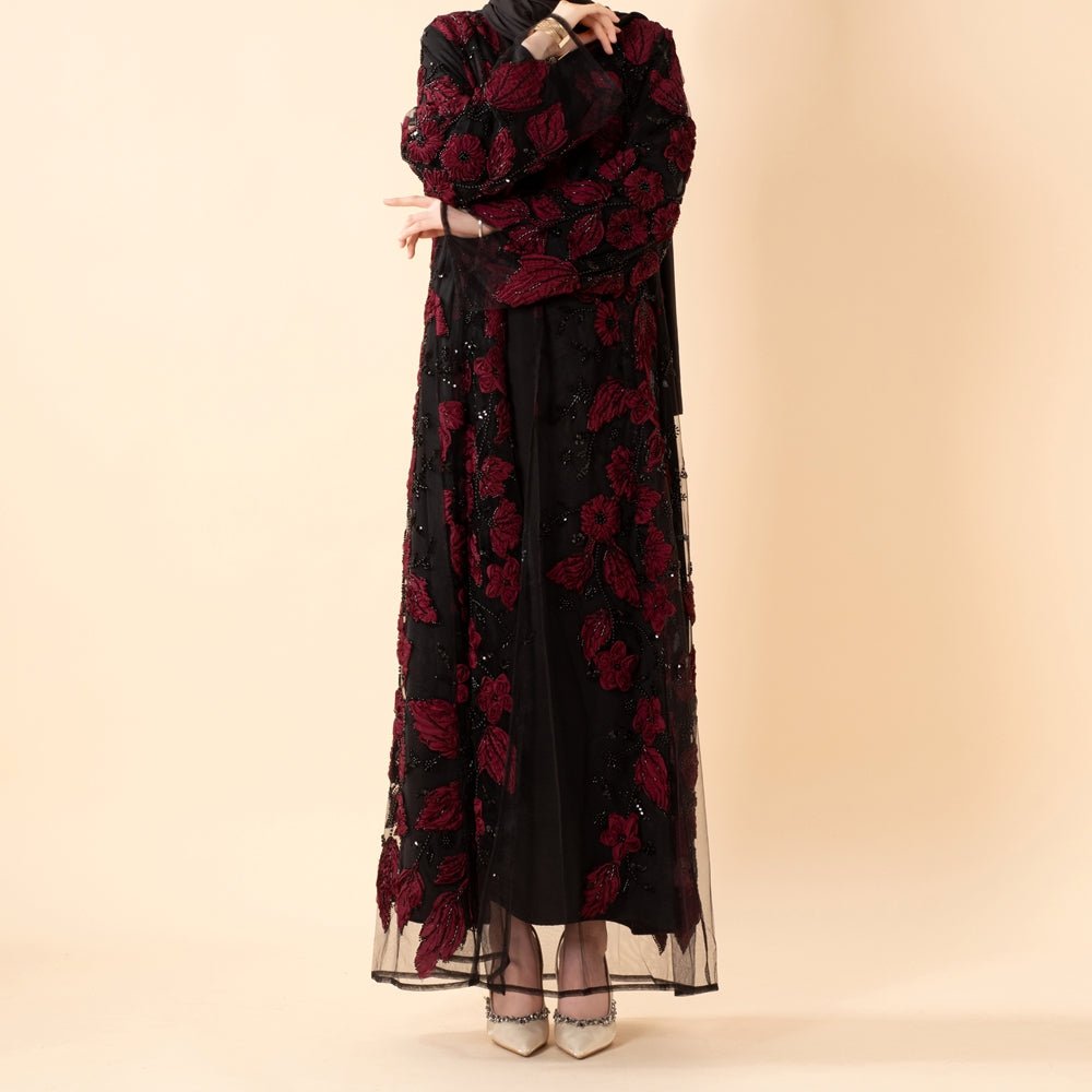 Abaya ouverte de luxe avec fleurs brodées en 3D (UKMOA300)