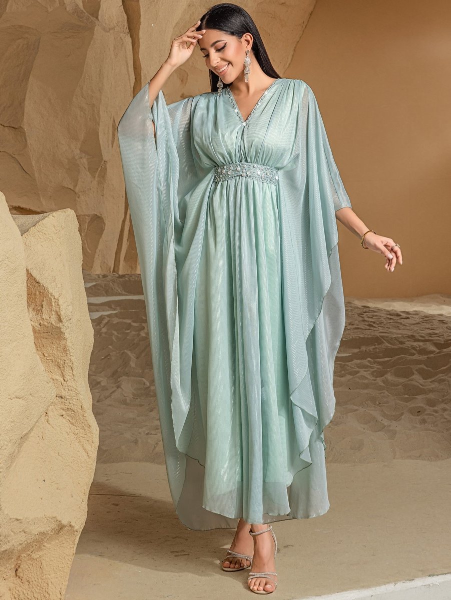 Élégante Abaya Robe pour Voyage et Soirée, Col en V, Perles Brodées à la Main, Finition Luxueuse (MA188)
