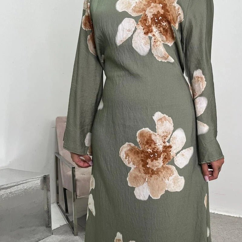 Robe Abaya Maxi à Manches Cloche Imprimé Floral (MA214)