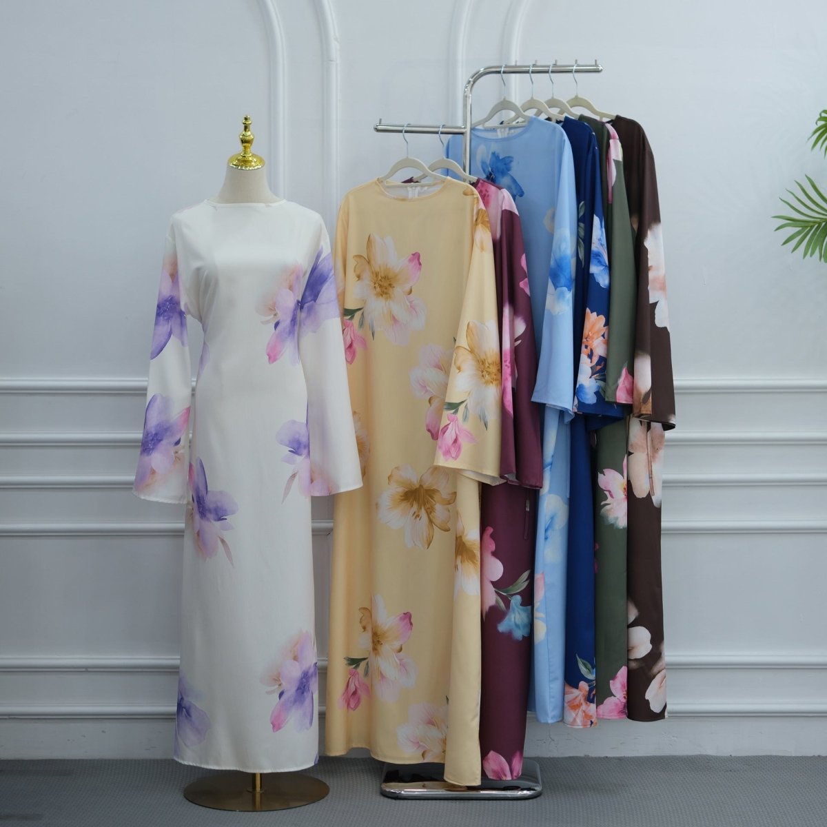 Robe Maxi à Manches Larges en Crinkle Délavé Floral Aquarelle (MS473)