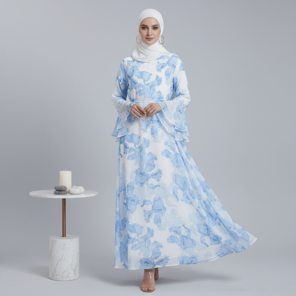 Abaya en mousseline imprimée Blossom | Abaya à manches évasées (MA149)