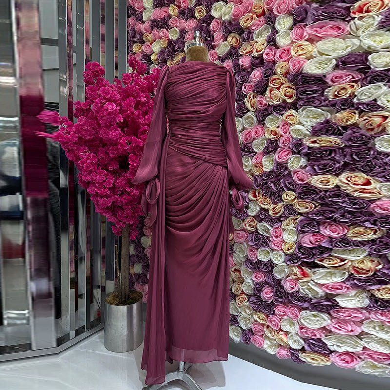 Robe de Soirée Froncée | Robe Maxi Moulante à Manches Bouffantes (MS280)