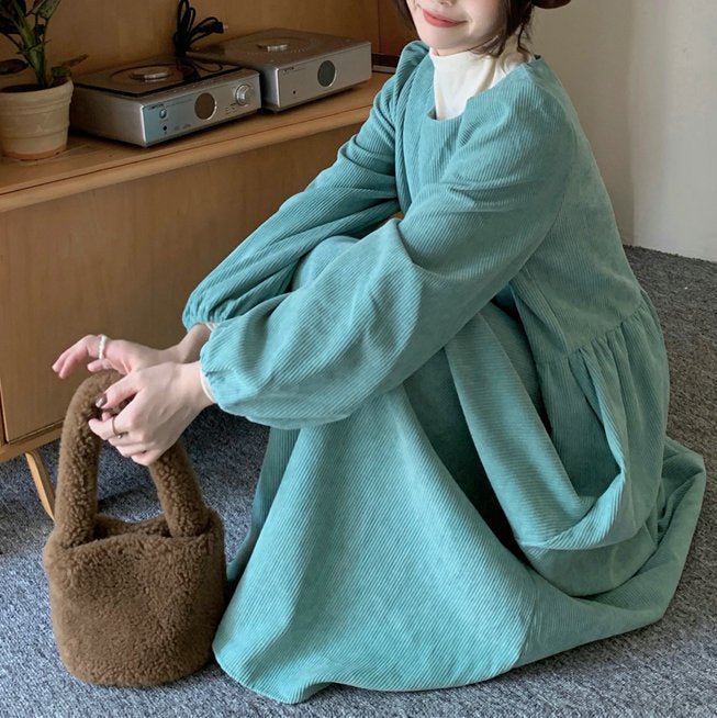 Robe Maxi en Velours Côtelé Français à Manches Lanterne | Robe Froncée à Poignets Élastiques (MS206)