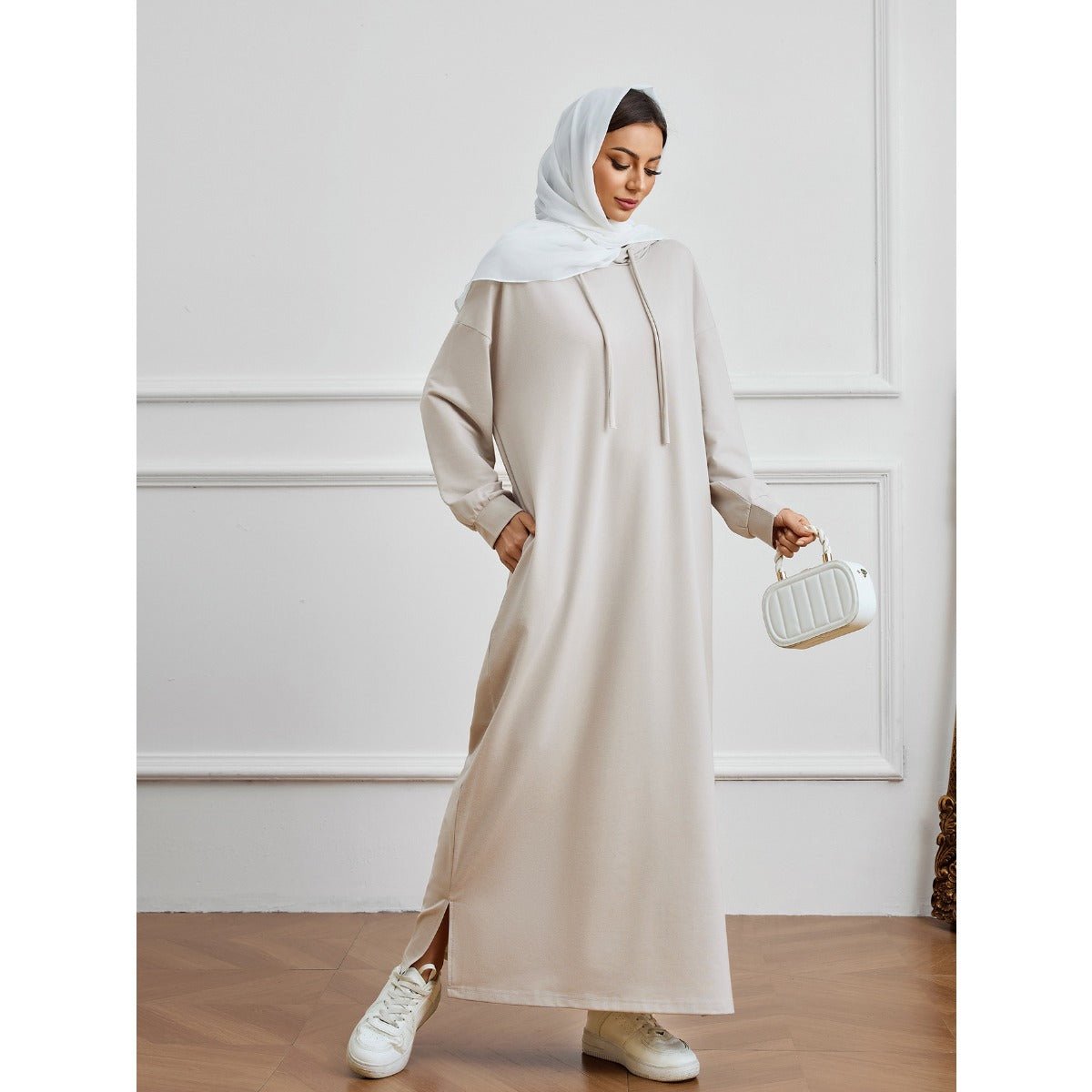 Robe Décontractée à Capuche avec Poche, Couleur Unie - Robe d'Intérieur Pudique à Manches Longues avec Capuche à Cordon (MA282)