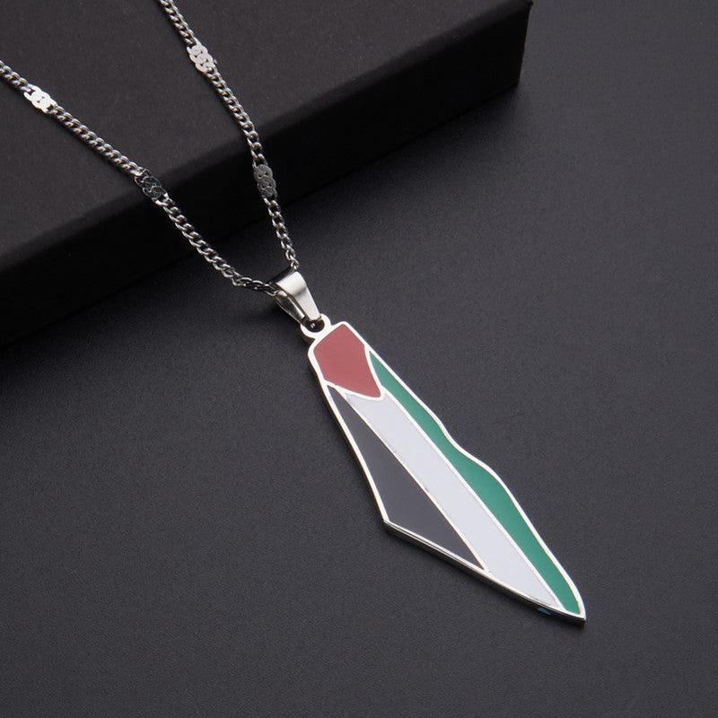 MAC100 Collier pendentif en acier inoxydable vintage, carte de la Palestine et motif keffieh