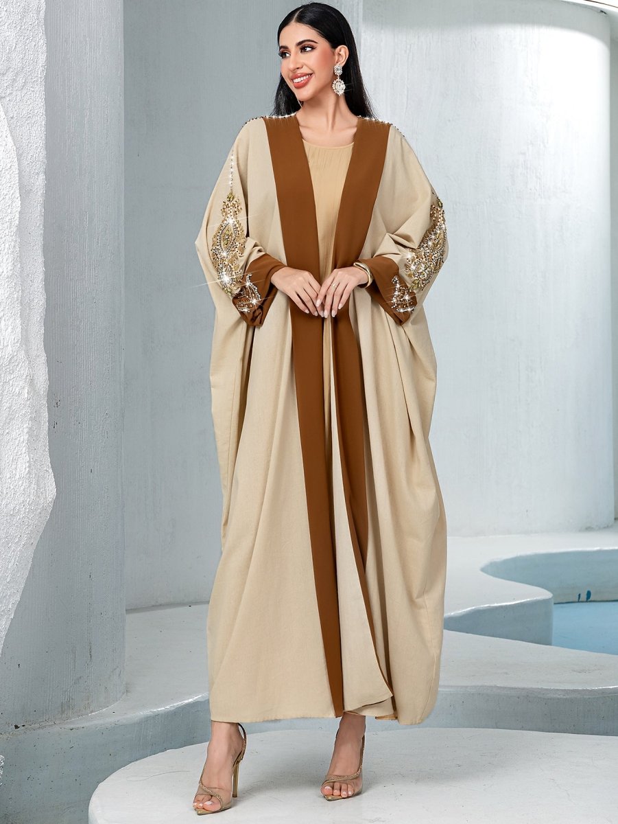 Veste Abaya de Luxe en Perles Rouille pour Mariage et Fêtes Musulmanes, Kaki avec Broderie Dorée Contrastante (MOA158)