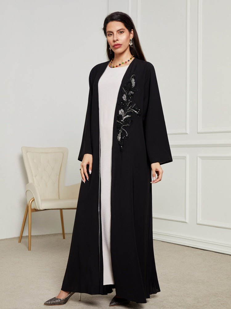 Robe Ouverte Brodée Noire & Argentée - Abaya Élégante et Modeste (MOA216)