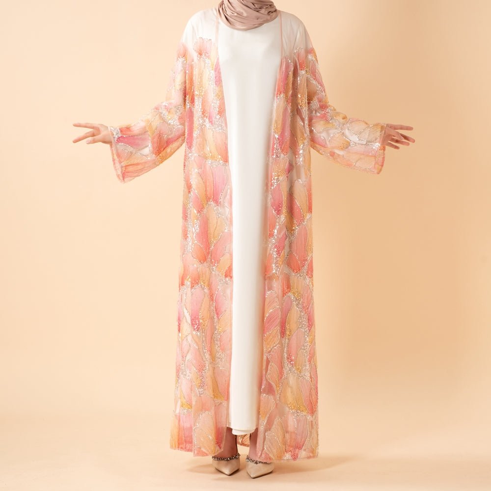Abaya Ouverte Brodée Main Petal Glow — Collection Secret Garden (MOA295)