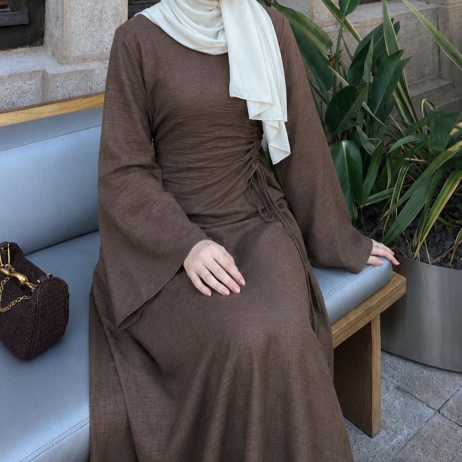 Robe Maxi à Taille Coulissante Froncée et Manches Évasées(MS492)