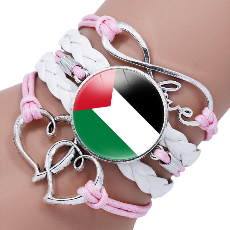 Bracelet multicouche motif keffieh drapeau palestinien avec pierres fines "time", "love" & ∞ (MAC080)