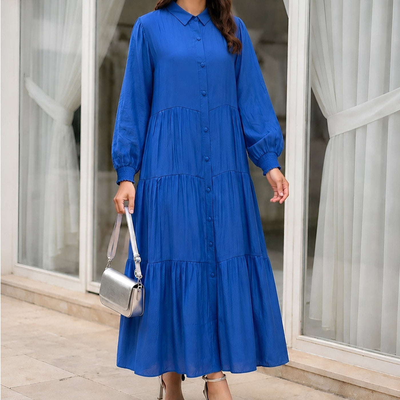 Robe Maxi à Encolure Chemise, Boutons et Volants Étagés (MA465)