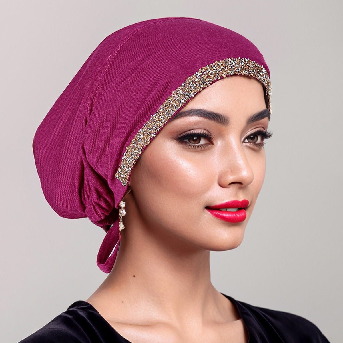 Bonnet Hijab de Luxe en Coton Mercerisé, Orné de Cristaux, Réglable avec Lacet Élastique, Design Respirant (MH115)