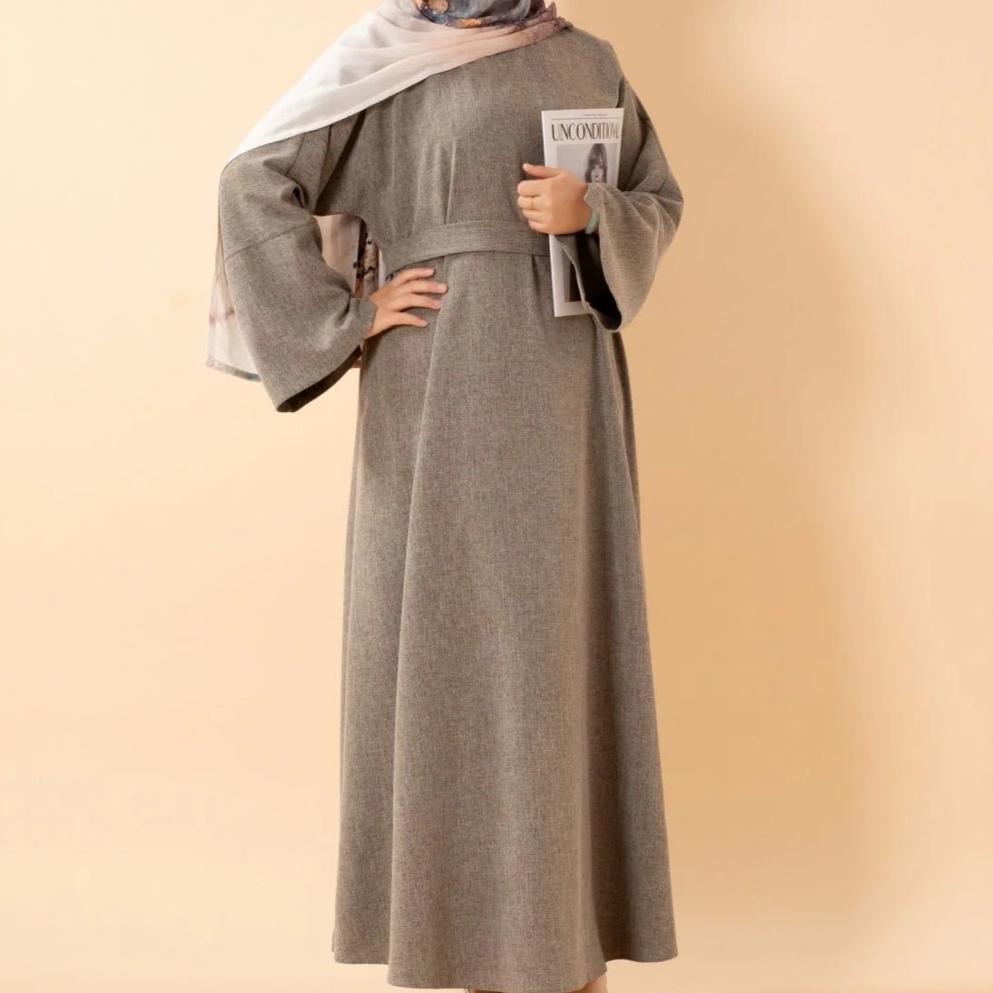 Abaya pull effet lin premium avec poches (MA341)