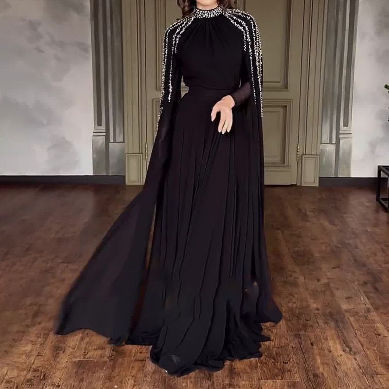 Robe Cape Crystal Cascade | Abaya de Soirée Brodée à l'Effet Spectaculaire (MA345)
